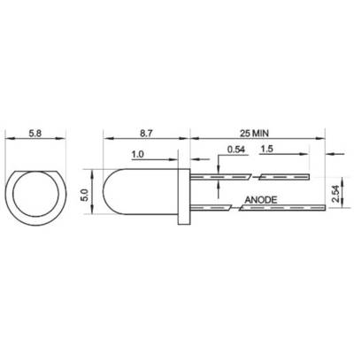 Technische Zeichnung einer LED. Gezeigte Abmessungen: Durchmesser 5,8 mm, Länge 8,7 mm, Anodenlänge 25 mm, Stiftabstand 2,54 mm.