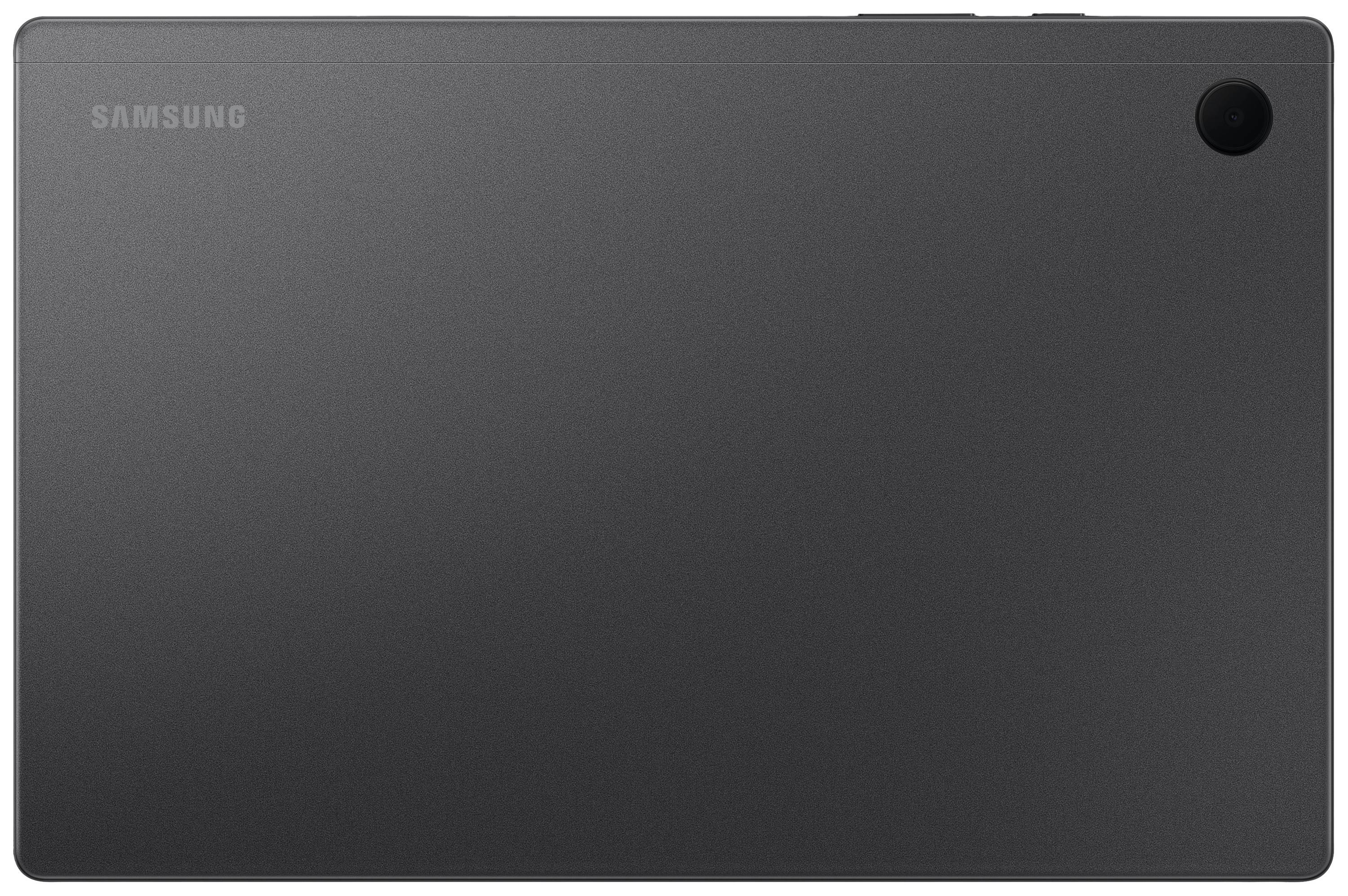 Ein schwarzes Tablet mit Kamera in der oberen Ecke. Markenname in der Ecke sichtbar.