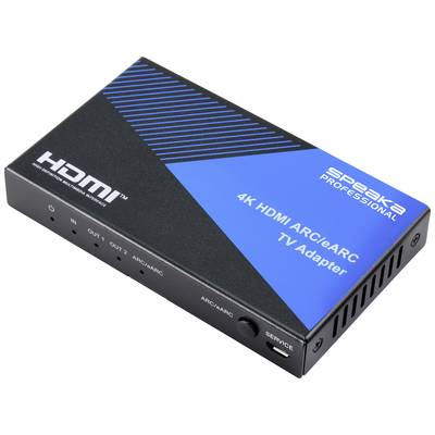 Ein 'Speaka Professional 4K HDMI ARC/eARC TV Adapter' in einem dreieckigen Gehäuse mit Anschlüssen für IN, OUT und ARC/eARC.