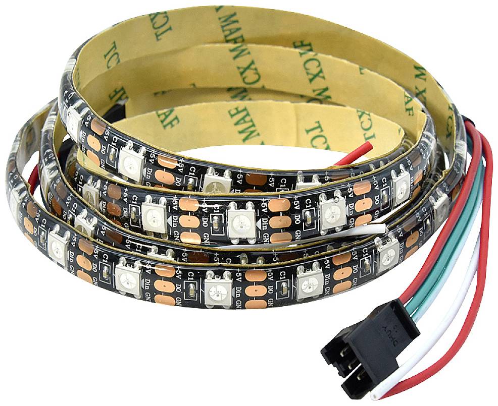 Ein zusammengerolltes LED-Lichtband mit mehreren kleinen LED-Lampen und einem mehrfarbigen Anschlusskabel am Ende.