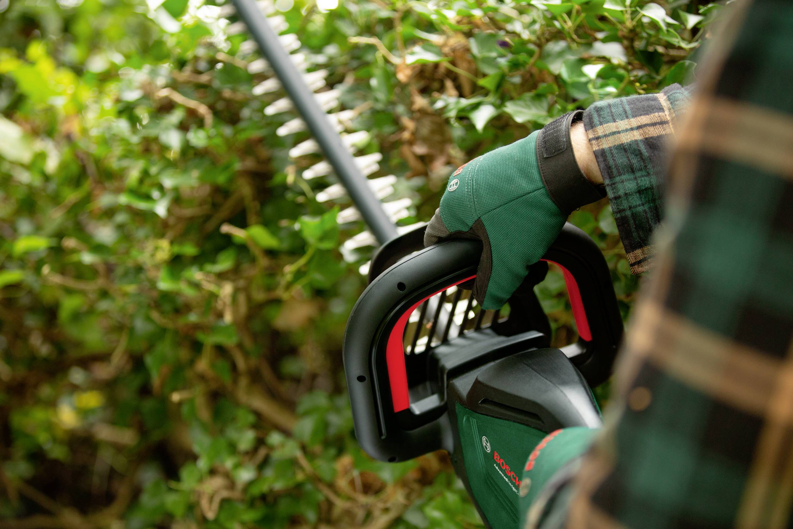Eine Person schneidet mit einem elektrischen Heckenscheren-Trimmer grüne Hecken. Der Fokus liegt auf den Händen mit grünen Handschuhen und dem Werkzeug.