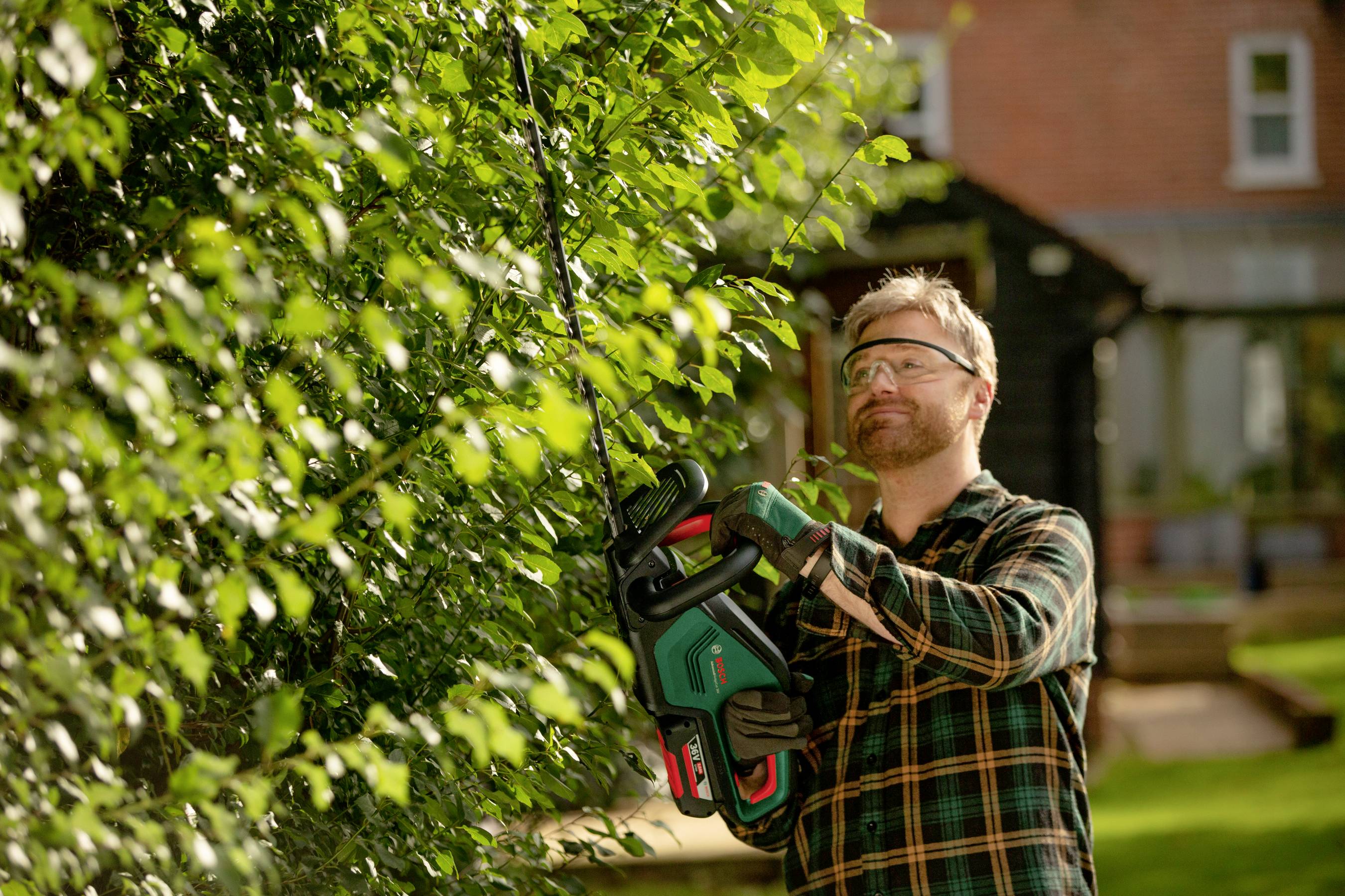 Ein Mann schneidet mit einer elektrischen Heckenschere eine Hecke in einem Garten. Er trägt Schutzbrille und Handschuhe.