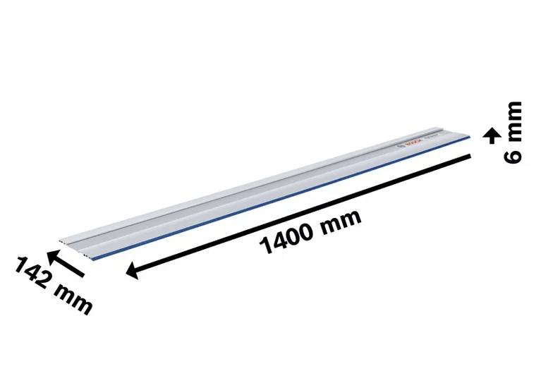 Das Bild zeigt eine Metallleiste mit den Maßen: Länge 1400 mm, Breite 142 mm, Höhe 6 mm.