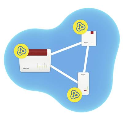 'Fritz!Box verbunden mit zwei Fritz!Repeatern über WLAN, angezeigt auf blauer Wolke zur Visualisierung eines Heimnetzwerks.'