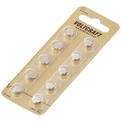 Eine Packung mit zehn silbernen Knopfzellen-Batterien von VOLTCRAFT; verpackt in einer durchsichtigen Plastikverpackung auf Karton.