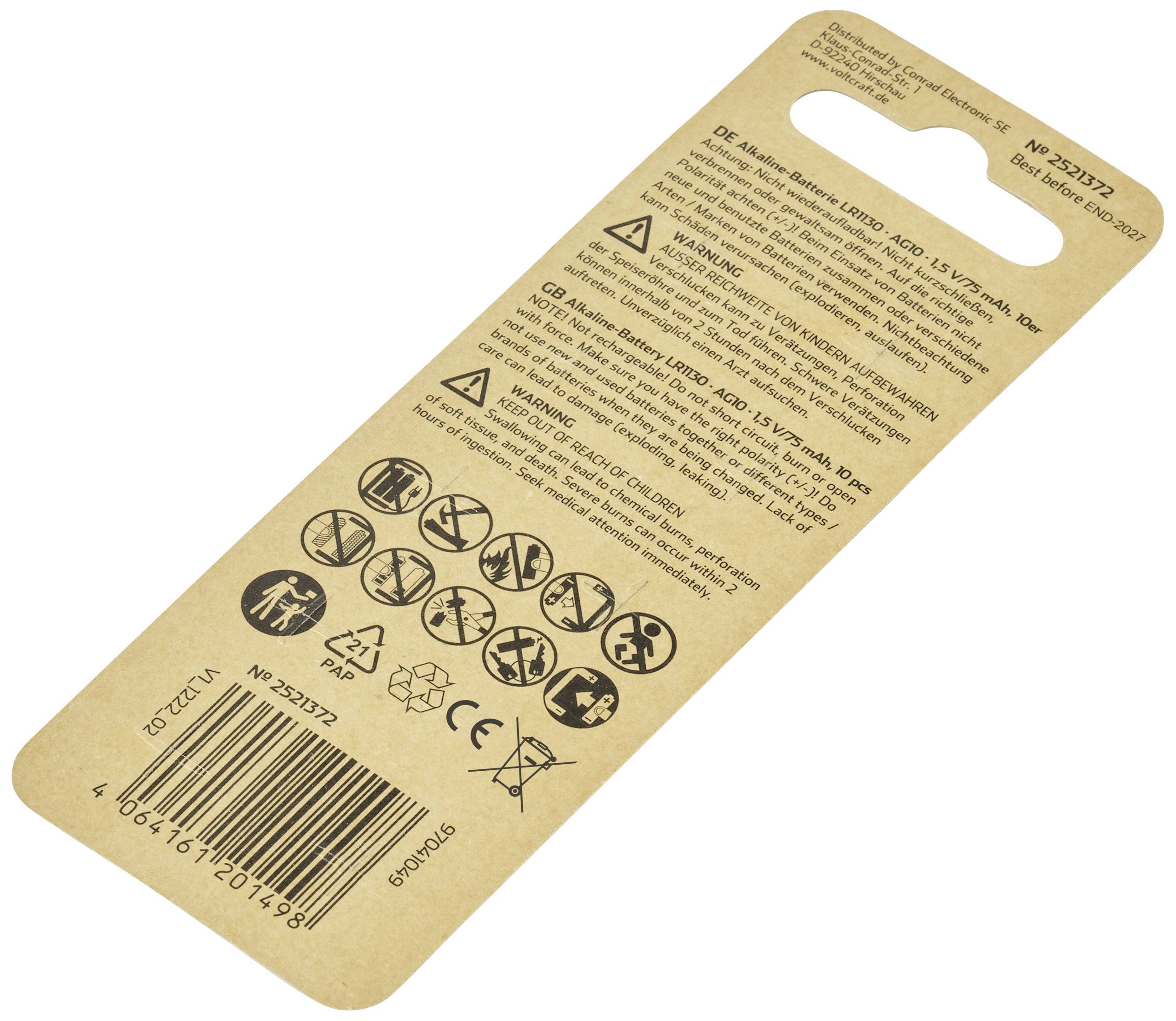 Rückseite einer Verpackung mit Sicherheits- und Gebrauchshinweisen, Symbolen für Altersbeschränkung und Pflegehinweise auf braunem Karton.