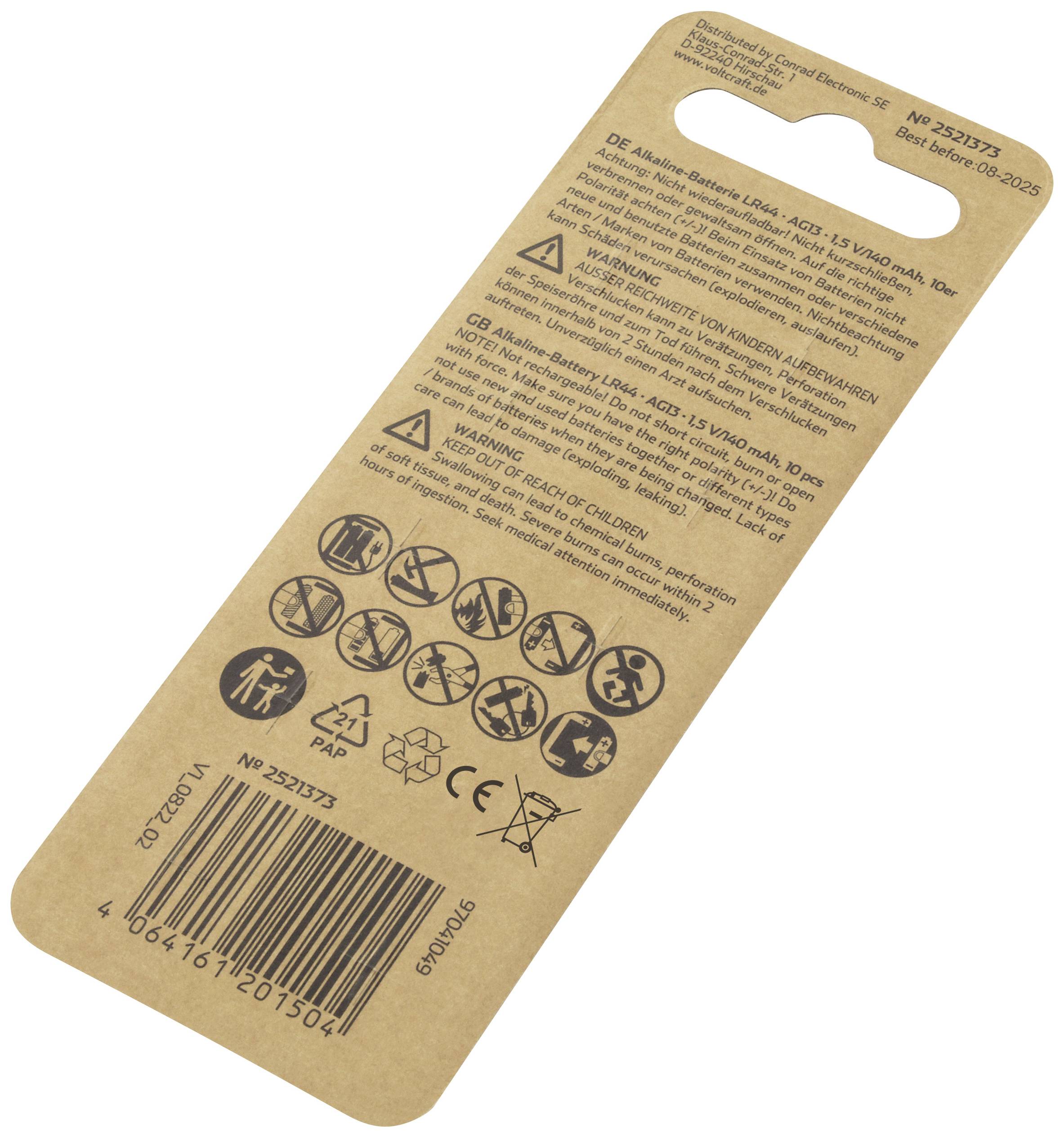 Rückseite einer Verpackung mit Warnhinweisen und Symbolen zur ordnungsgemäßen Entsorgung. Enthält Text in mehreren Sprachen und einen Barcode.