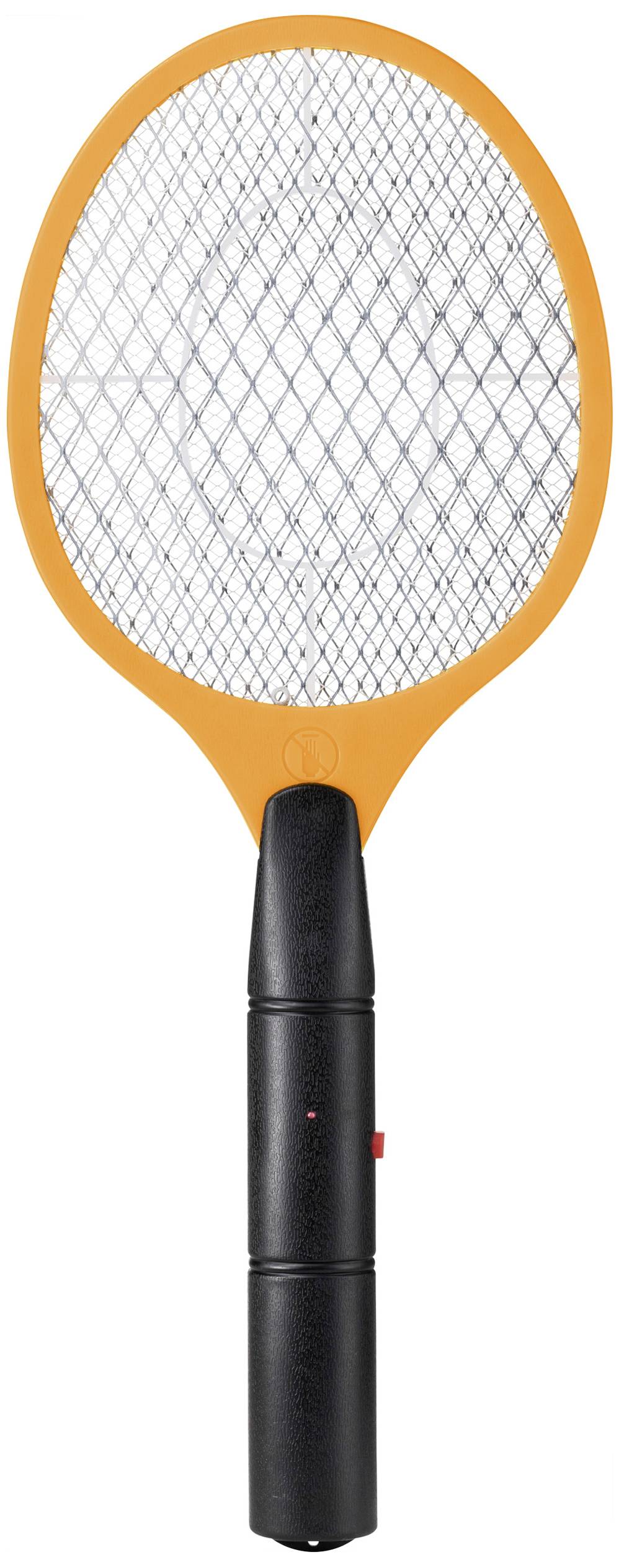 Elektrische Fliegenklatsche mit orangefarbenem Rahmen und schwarzem Griff. Sie hat ein Gitter, um Insekten schnell und effektiv zu fangen.