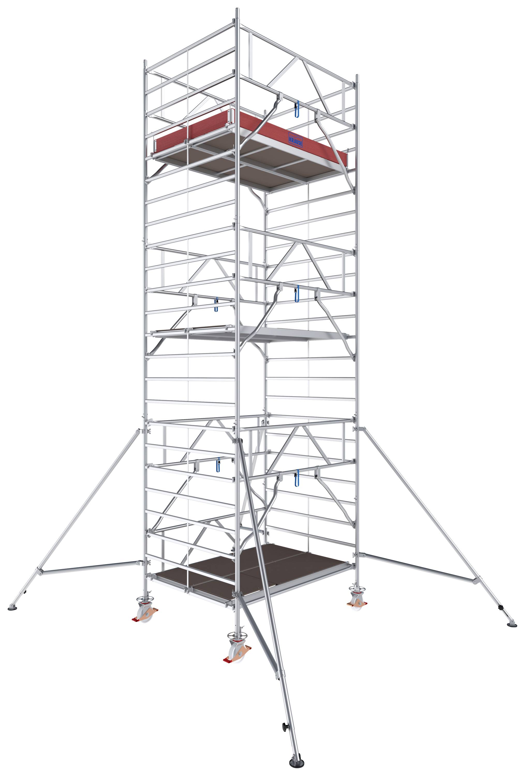 Ein hohes, freistehendes Gerüstturm mit roten Plattformen und Stützbeinen. Es dient zur Unterstützung bei Arbeiten in großer Höhe.
