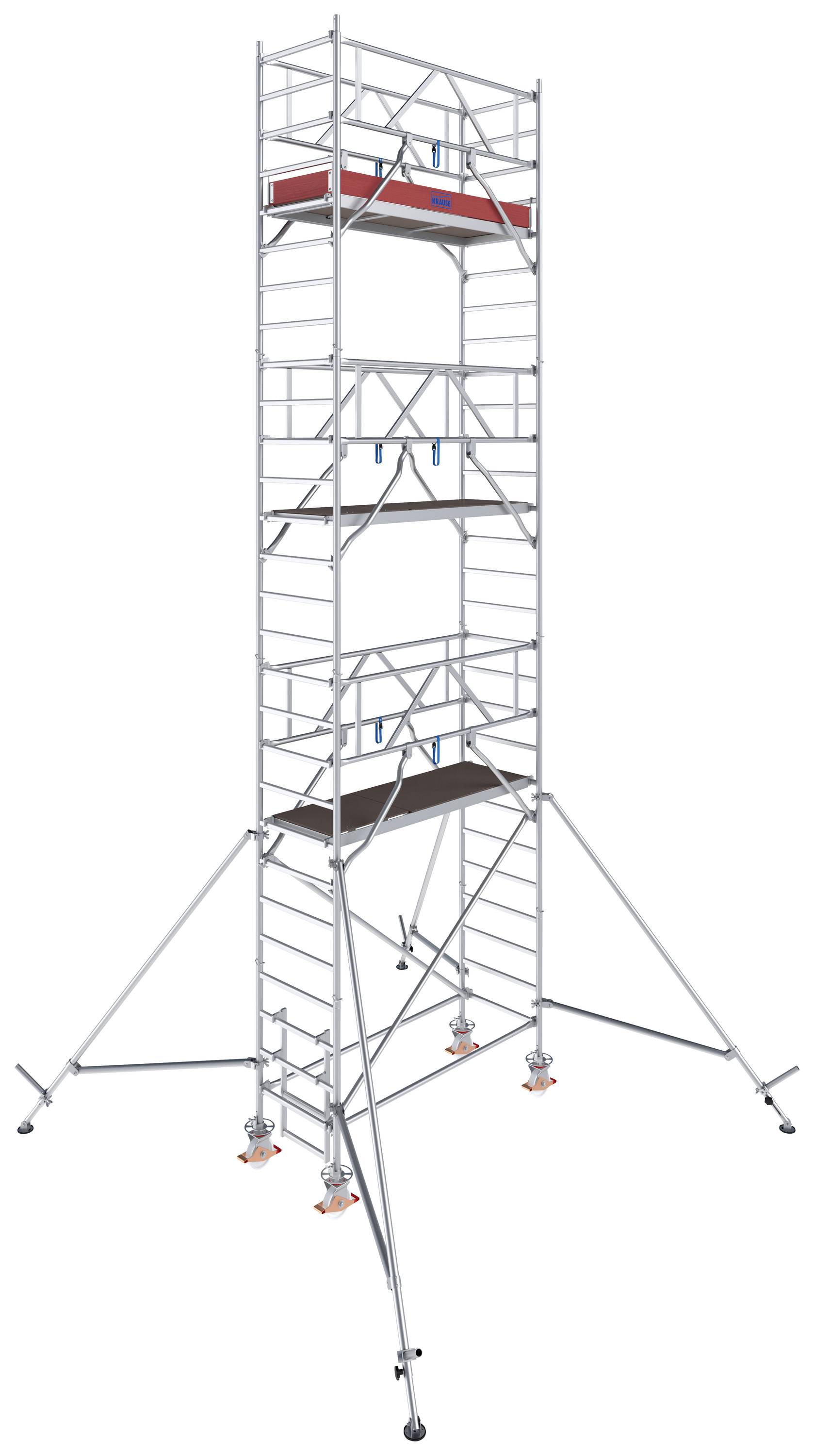 Ein hohes Baugerüst aus Metall mit mehreren Plattformen und Leitern, stabilisiert durch breite Stützfüße.
