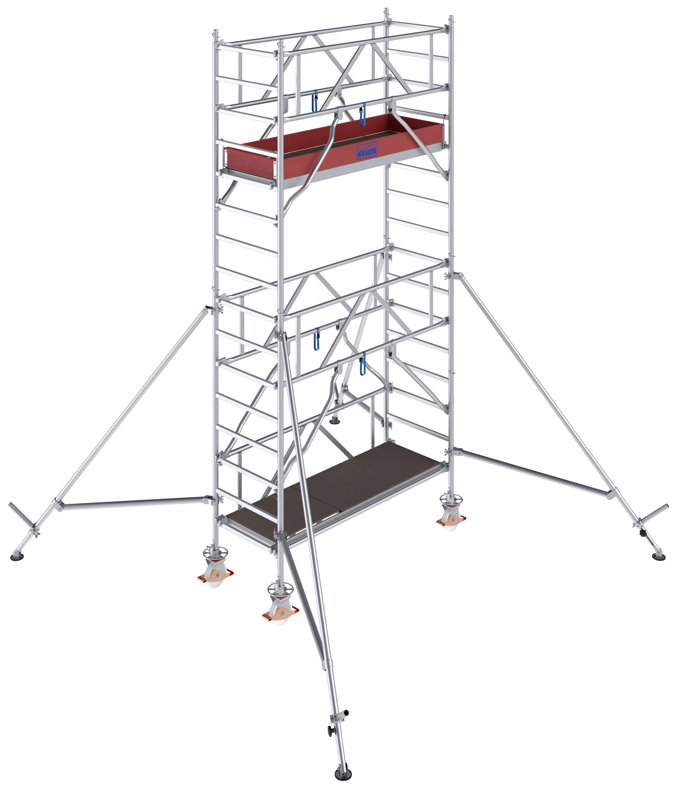 Ein Aluminium-Gerüstturm mit Plattformen und Stabilisatoren. Geeignet für Bau- und Renovierungsarbeiten in großen Höhen.