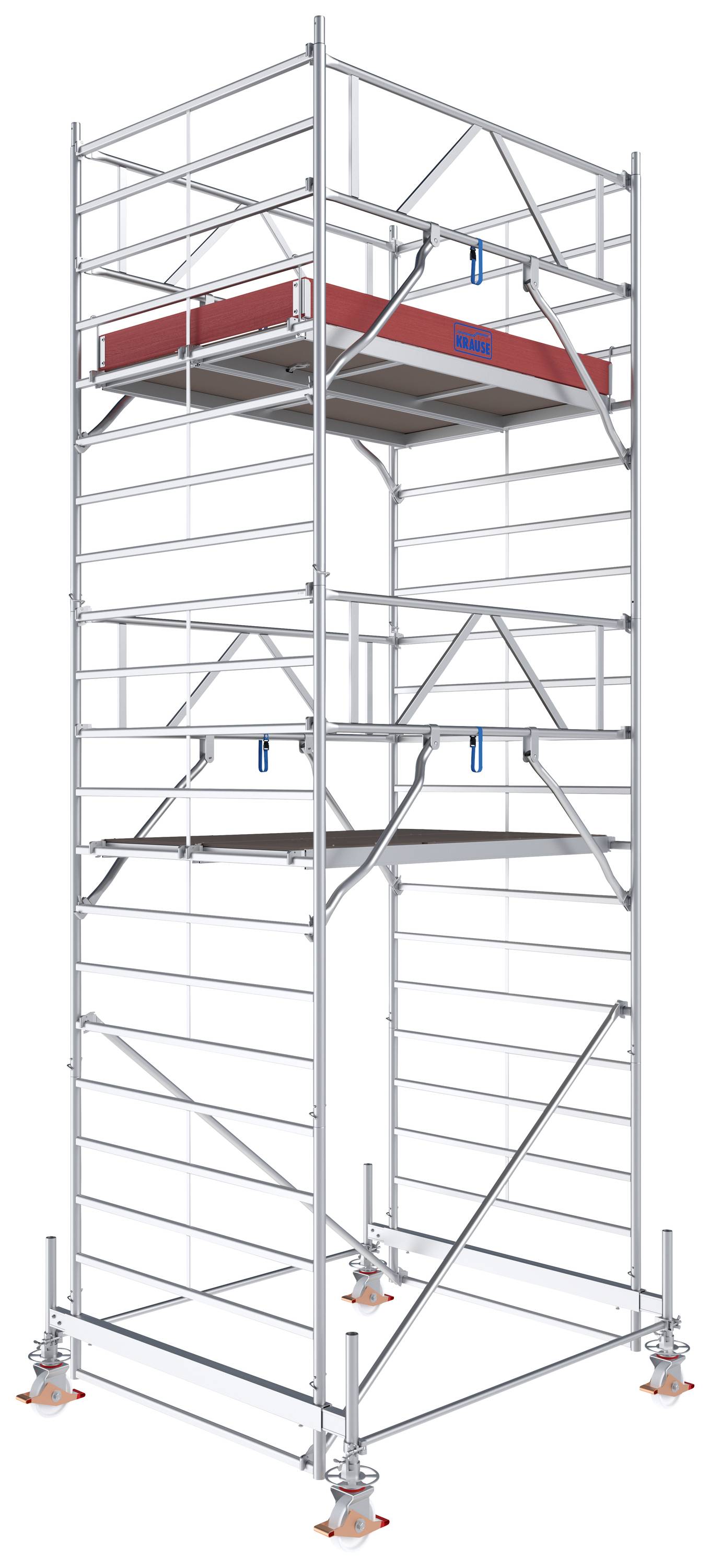 Ein hohes Rollgerüst aus Aluminium mit mehreren Ebenen und roten Plattformen. Es hat Räder für einfache Beweglichkeit und Sicherheitsgeländer.