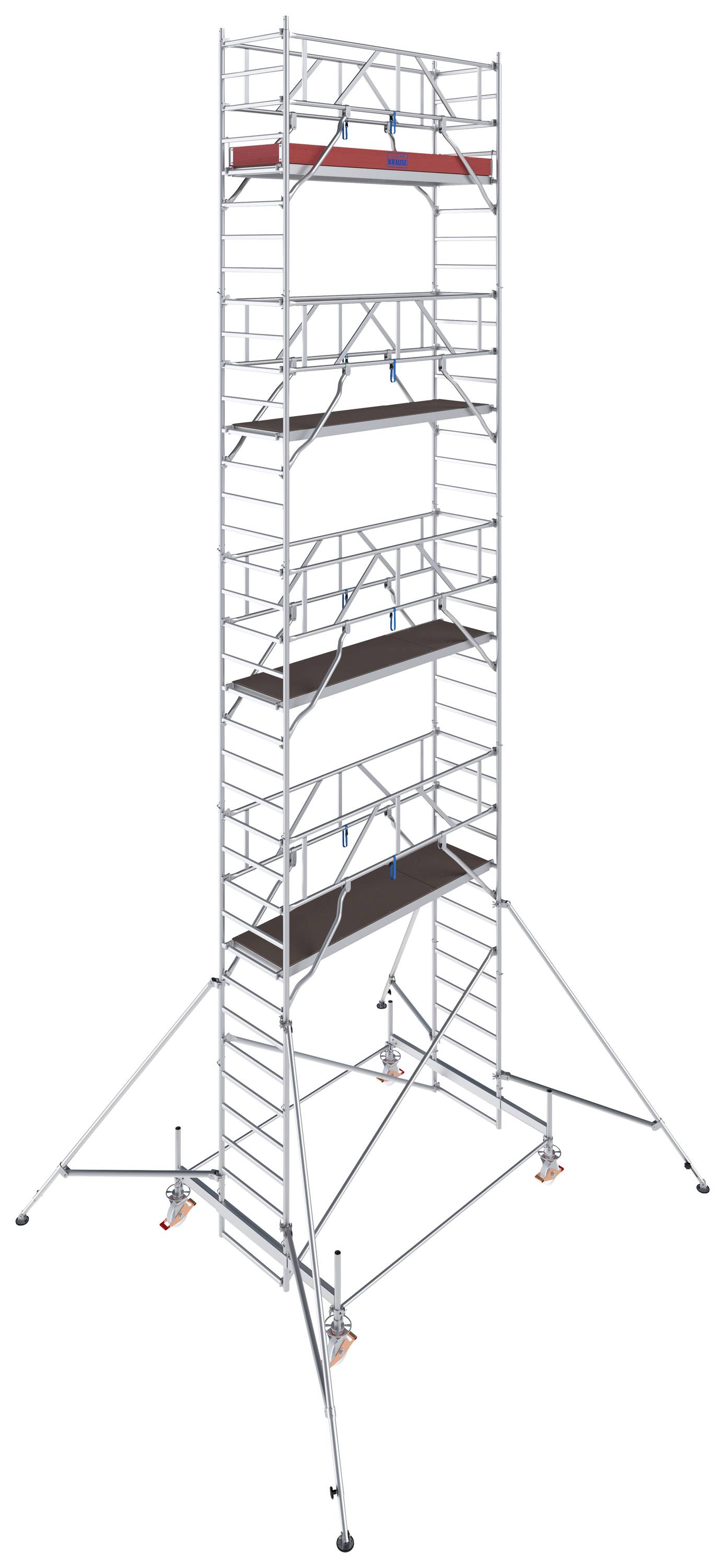 Ein hohes Baugerüst aus Metall mit mehreren Plattformebenen. Es ist stabilisiert durch seitliche Stützen und eignet sich für Bauarbeiten in großer Höhe.