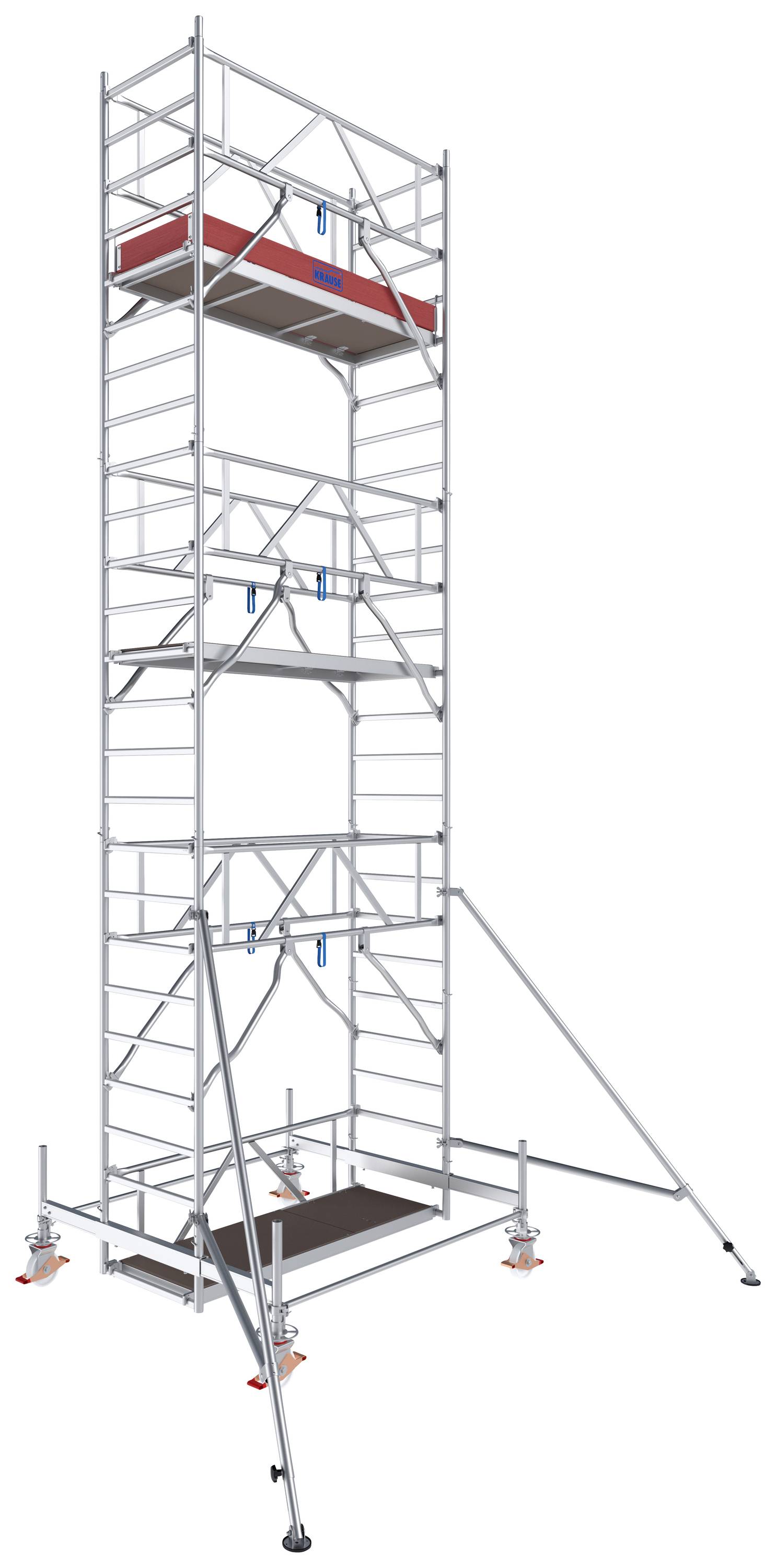 Ein hohes, silbernes Baugerüst mit mehreren Plattformen, für Arbeiten in der Höhe, ausgestattet mit Stabilisatoren für Sicherheit.