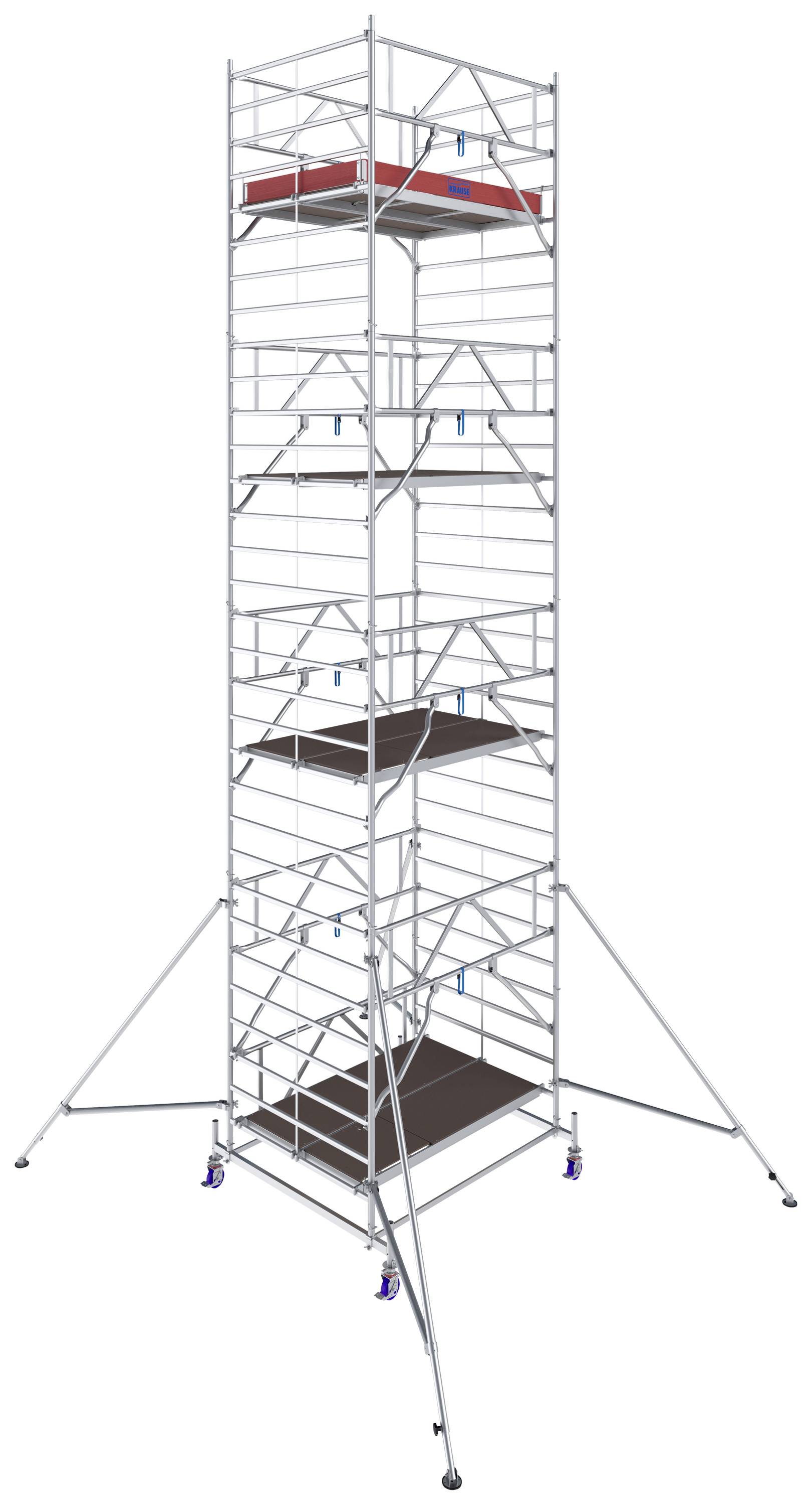 Ein hohes Baugerüst mit mehreren Plattformen, Stabilisierungsstangen und Rollen unten, geeignet für Arbeiten in großer Höhe.