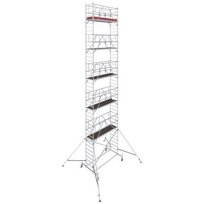 Ein hohes, modulares Baugerüst aus Metall mit mehreren Plattformen, geeignet für Bau- oder Reparaturarbeiten an hohen Strukturen.