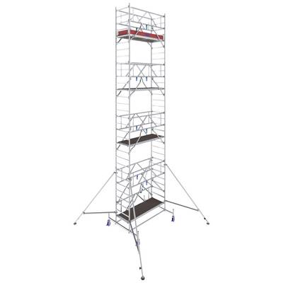 Ein hohes Baugerüst mit mehreren Plattformen und Auslegern zur Stabilisierung. Geeignet für Arbeiten in großer Höhe.