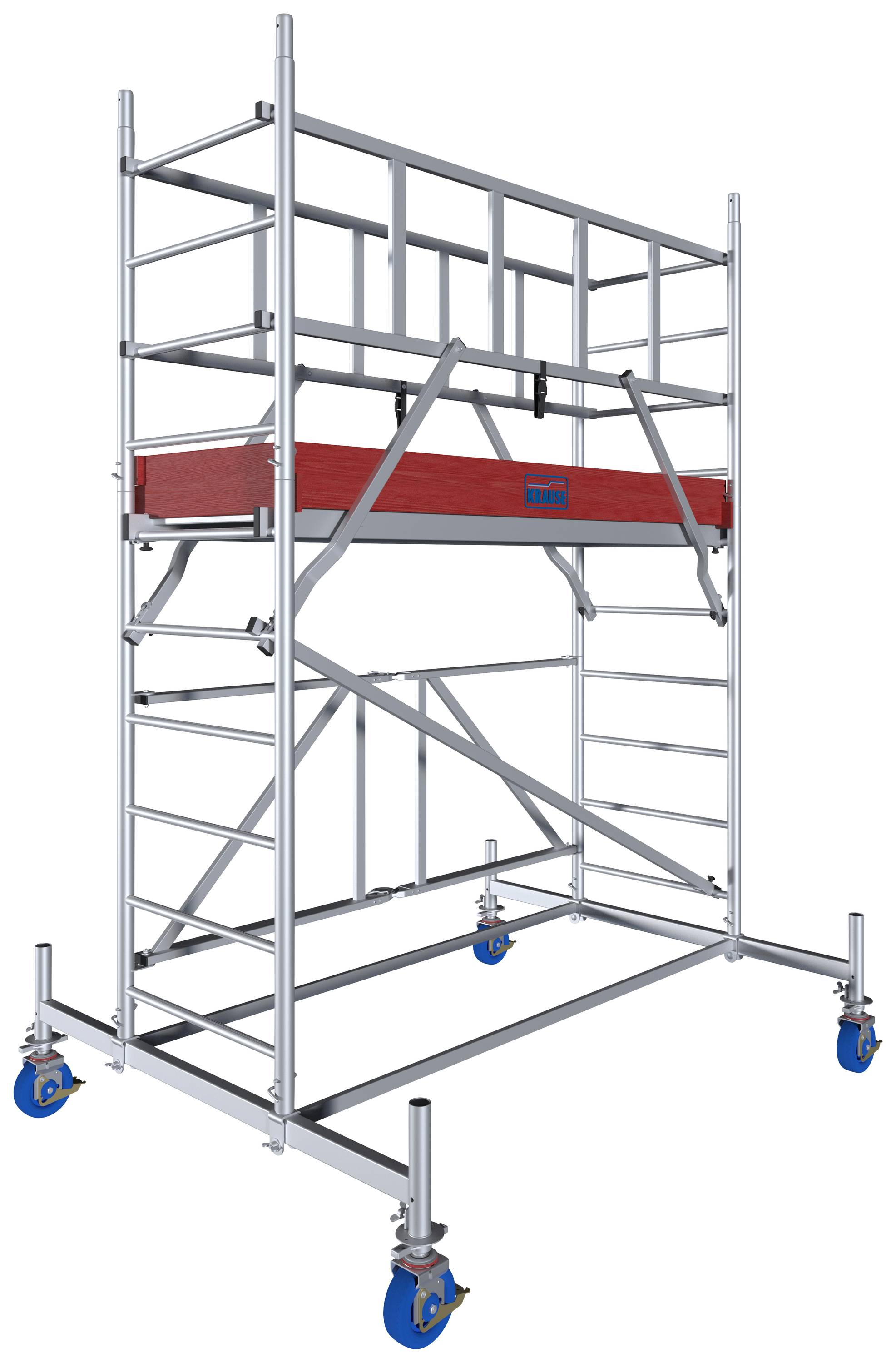 Ein silbernes Aluminiumgerüst mit roten Plattformen auf Rollen, geeignet für Arbeiten in der Höhe. Struktur hat Sicherheitsgeländer und eine stabile Basis.