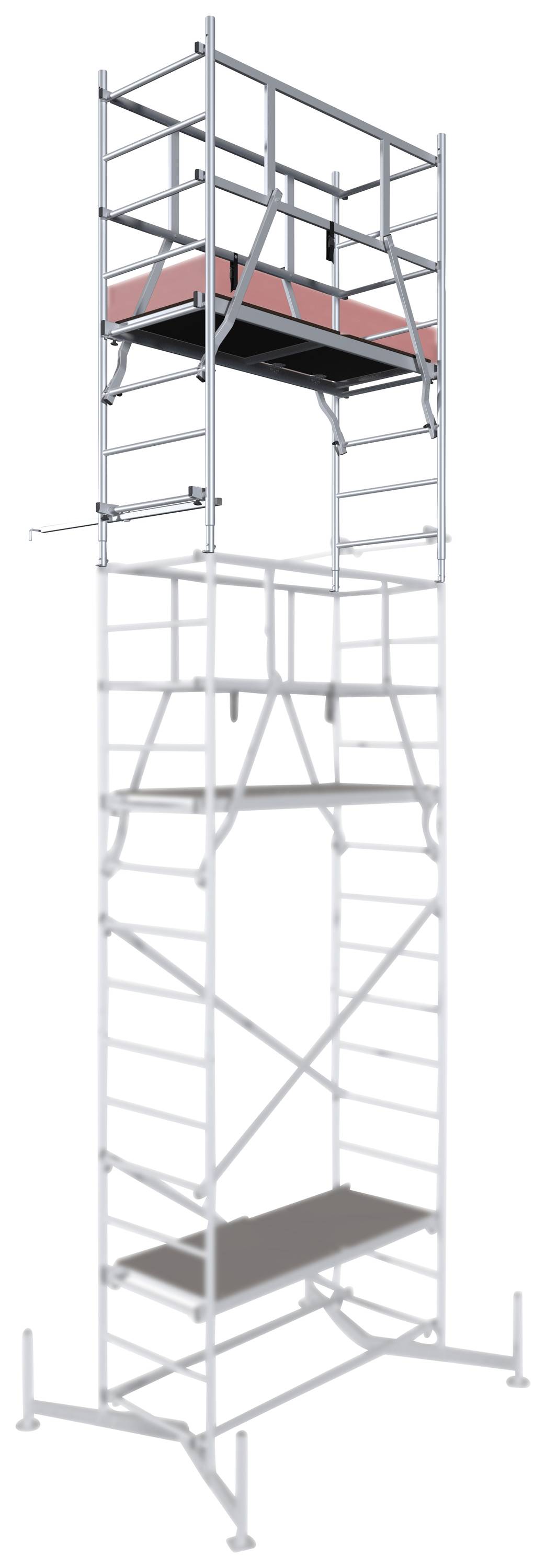 Ein mobiles Gerüst mit mehreren Arbeitsebenen, geeignet für Bauarbeiten oder Reparaturen an hohen Gebäuden.