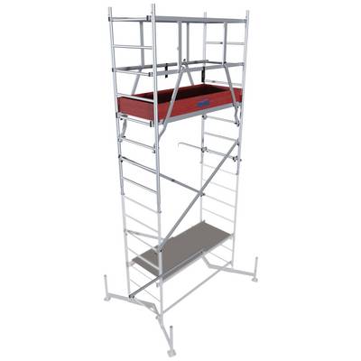 Aluminiumgerüst mit roter Plattform und Stabilisatoren, geeignet für Bauarbeiten in der Höhe. Stabiler und mobiler Aufbau.