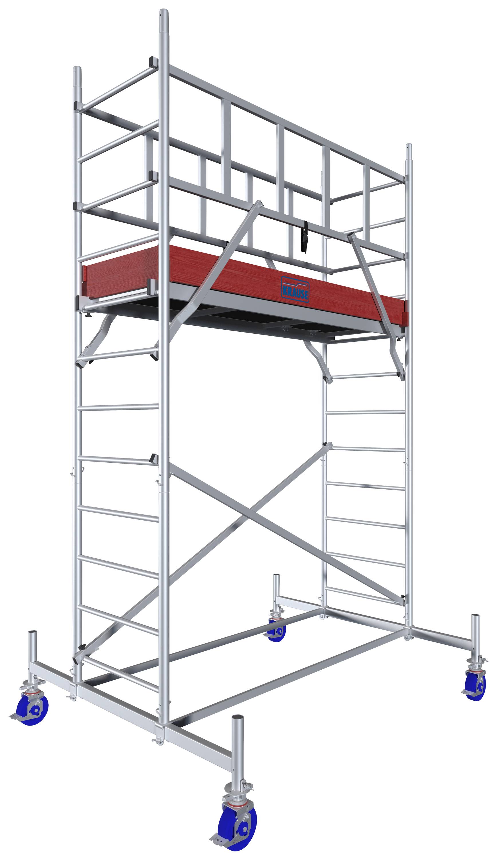 Das Bild zeigt ein mobiles Gerüst mit blauer Rollen. Die Plattform ist rot, und die Struktur besteht aus Metallstreben für Stabilität.