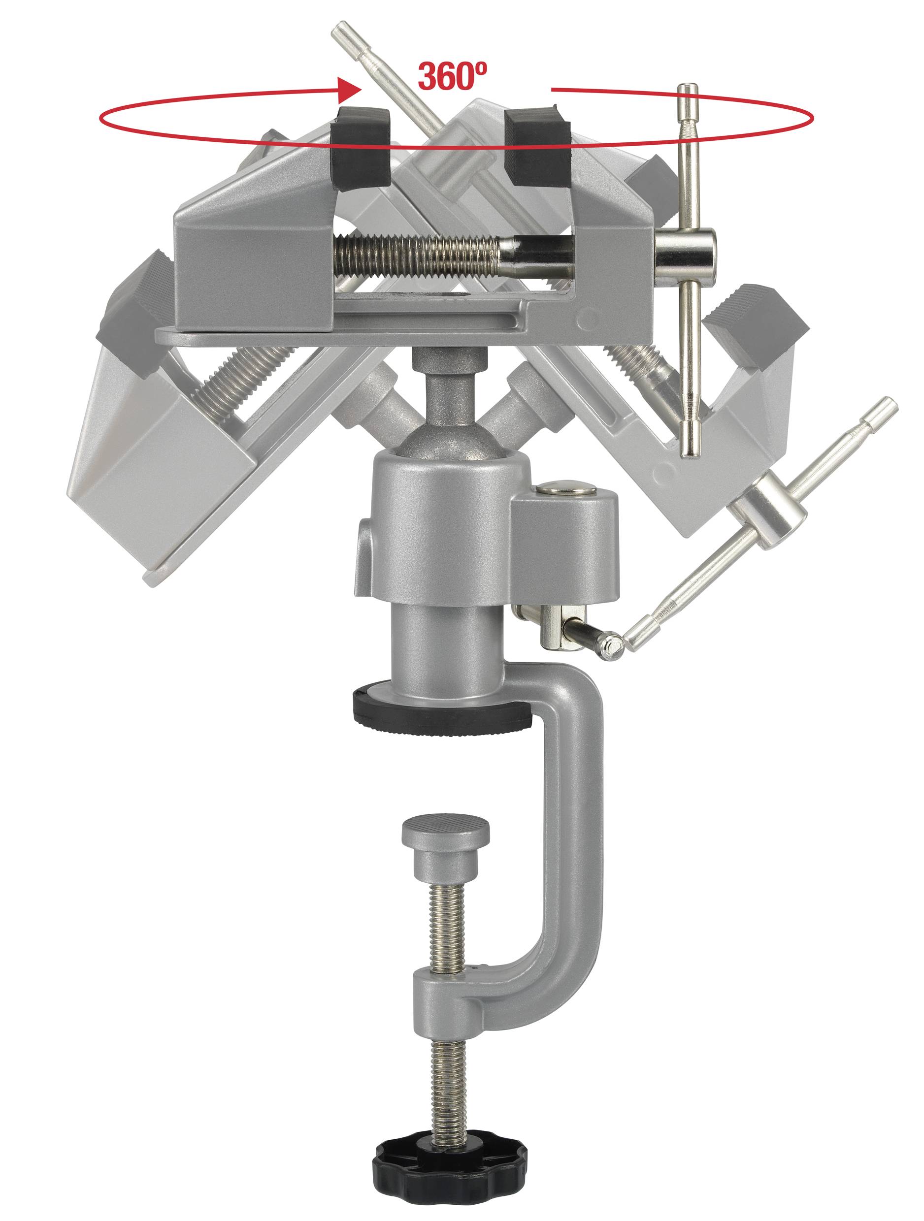 Drehbare Schraubzwinge mit 360-Grad-Drehfunktion, befestigt an einem Tischrand. Ideal für vielseitige Bearbeitungen und Fixierungen.