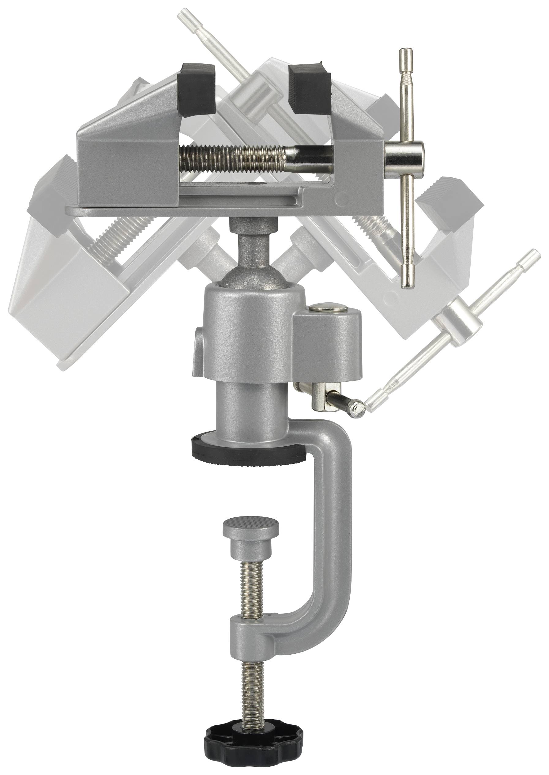 'Tisch-Schraubstock mit drehbarem Kopf und verstellbarem Griff, zur Befestigung kleiner Objekte, auf grauem Hintergrund.'