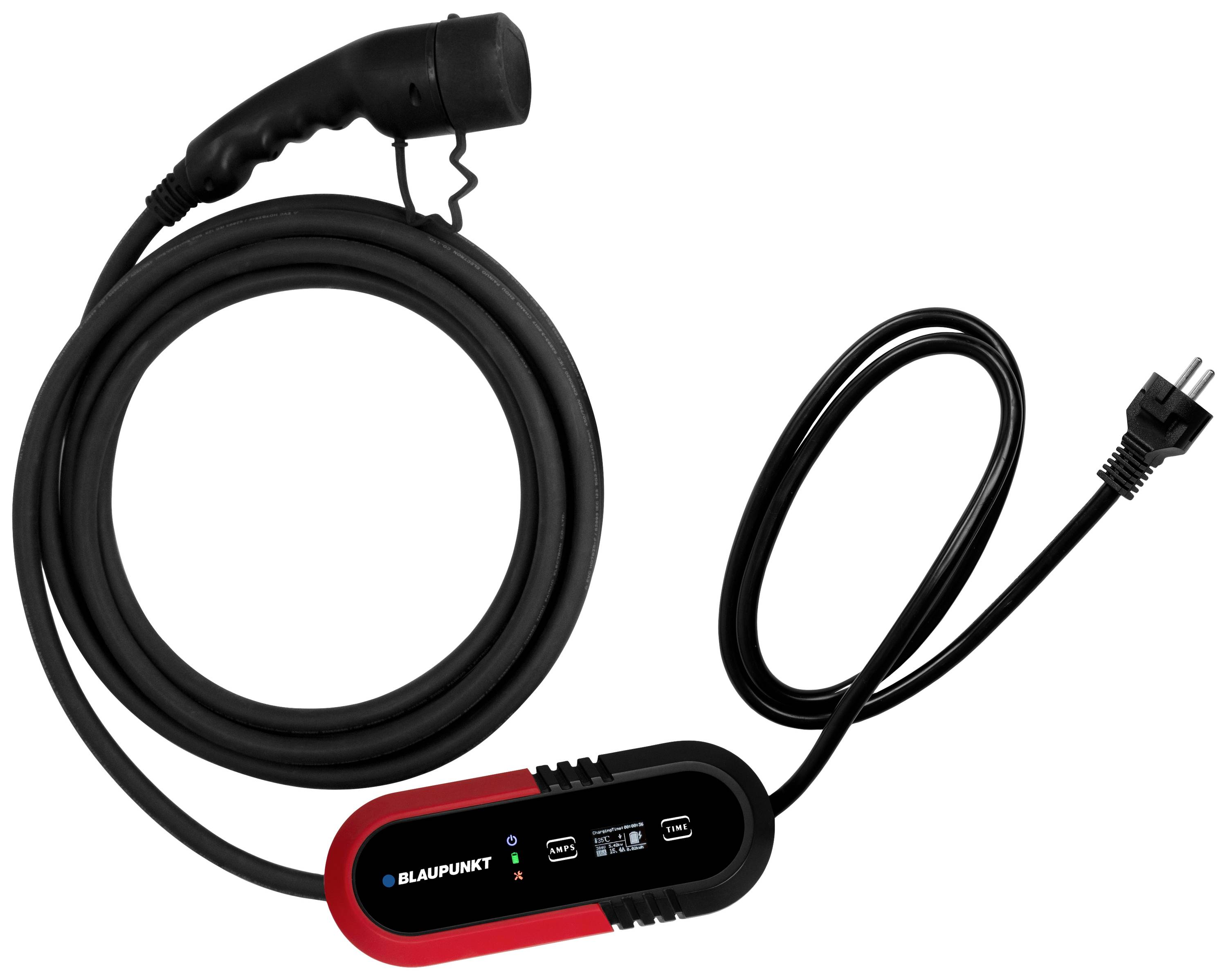 'Blaupunkt' Ladekabel für Elektrofahrzeuge mit Stecker und Kontrollanzeige auf einer schwarzen Kabelrolle.