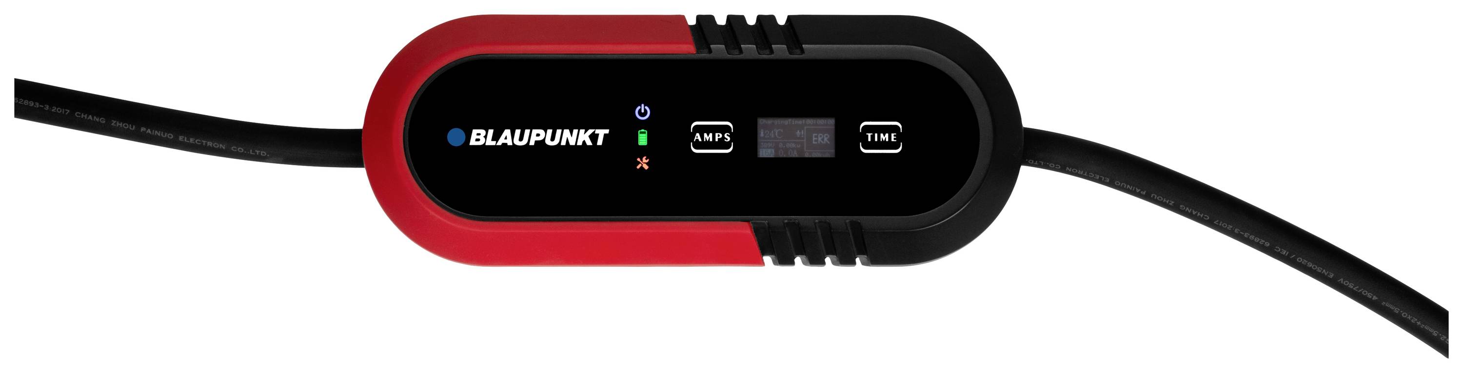 Tragbare Ladegerät von Blaupunkt mit LED-Anzeigen für Status, ein rotes und schwarzes Gehäuse und zwei Kabelanschlüsse.