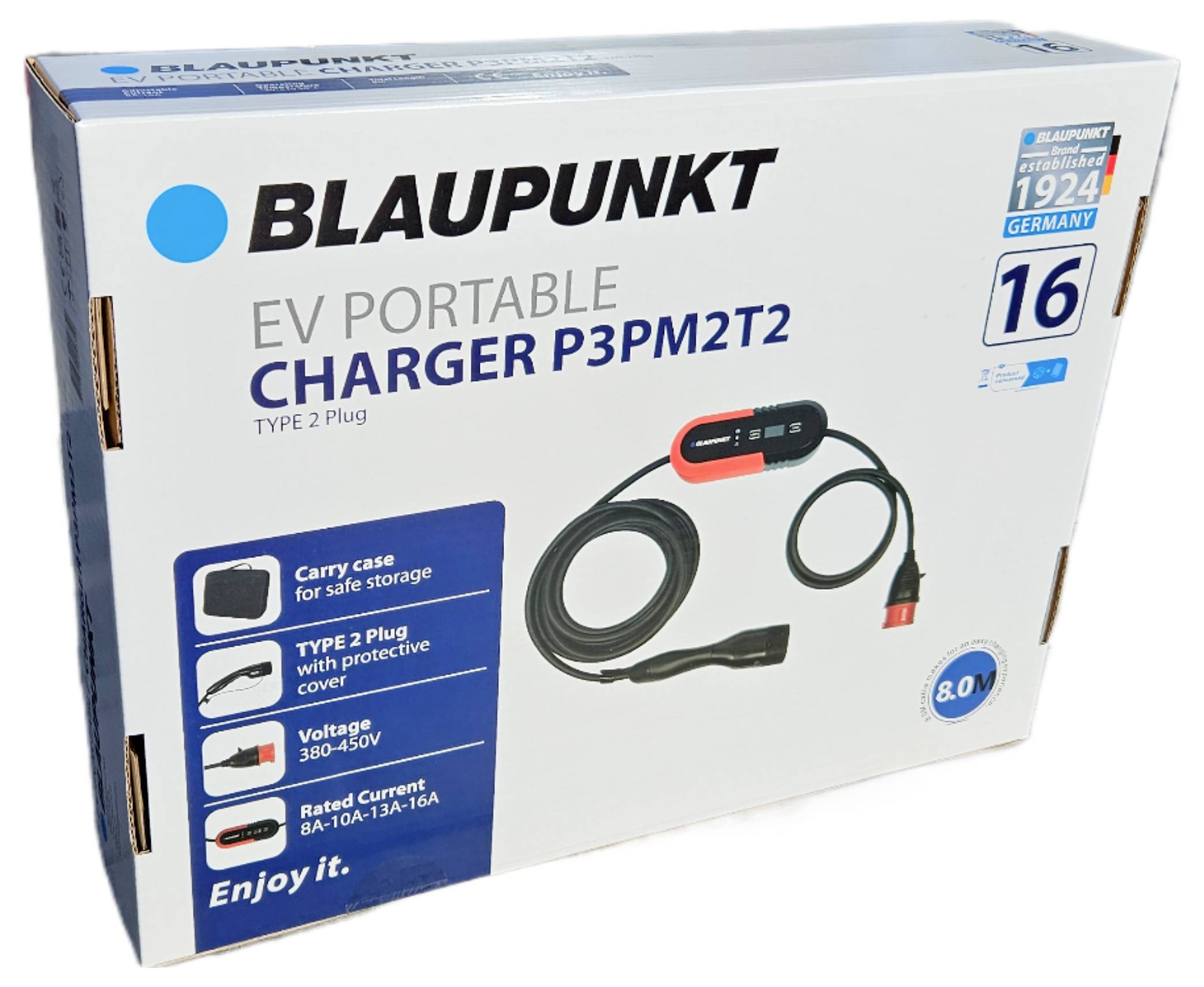 Blaupunkt EV Ladegerät P3PM2T2, Typ-2-Stecker, 16 Ampere, transportabel mit Tragetasche, Spannung 380-450V, Blaupunkt-Logo.