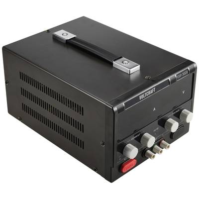 Ein schwarzes Voltcraft-Netzteilmodell ESP-5200 mit mehreren Drehknöpfen und Anschlüssen auf der Vorderseite, geeignet für technische Anwendungen.