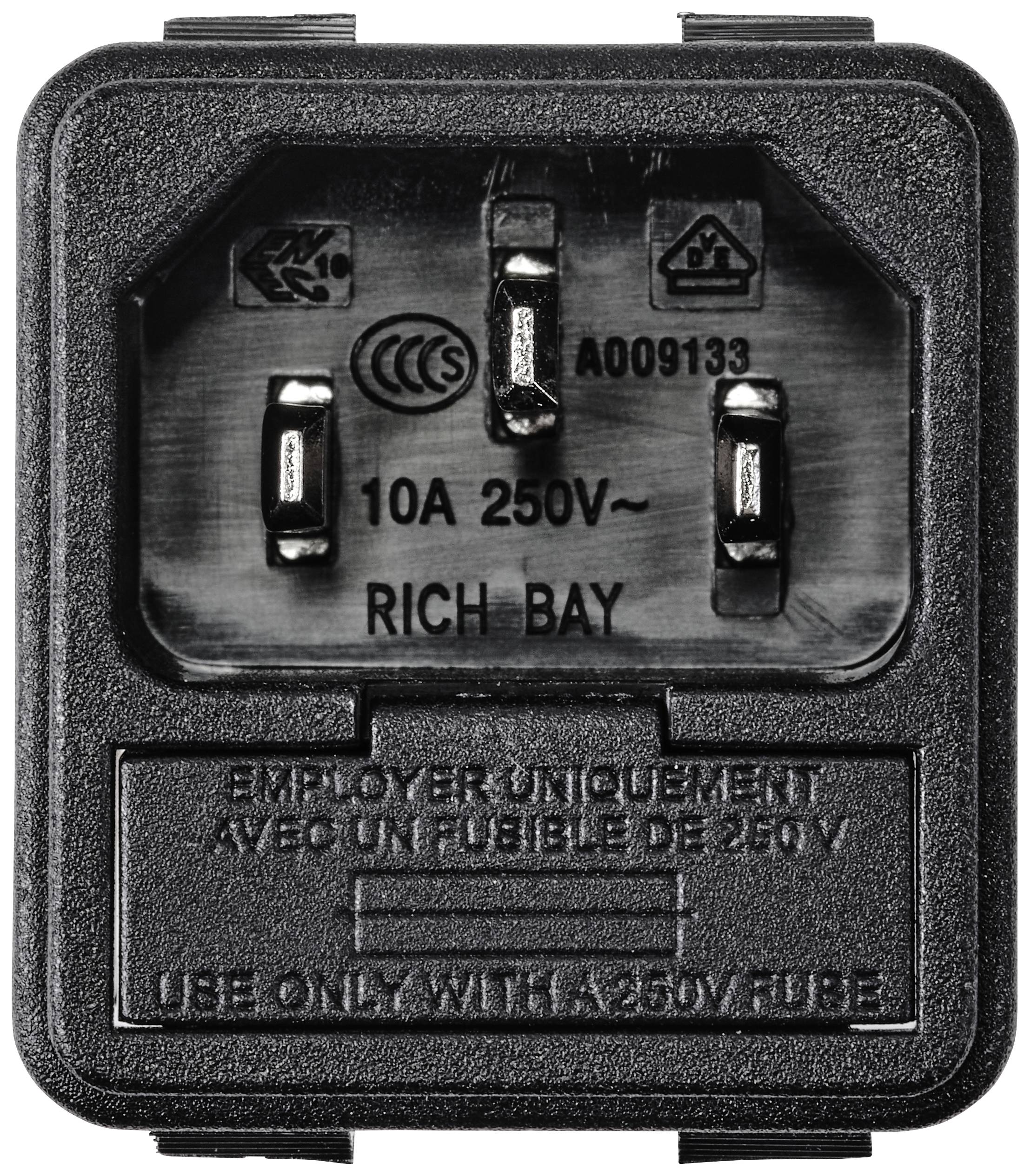 Schwarze, rechteckige Gerätesteckdose mit Aufschrift '10A 250V', Hinweis 'Use only with a 250V fuse'. Konzipiert für elektrische Geräte.