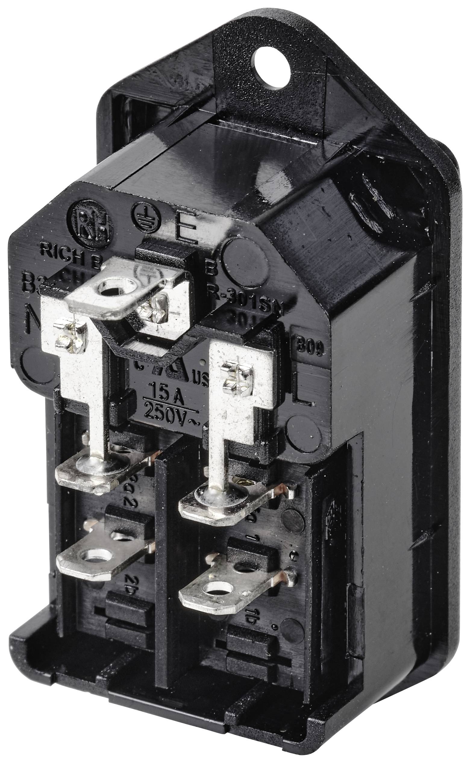 Ein schwarzes, rechteckiges elektrisches Bauteil mit drei Metallklemmen und Beschriftungen. Geeignet für 250V, 15A Stromstärke.
