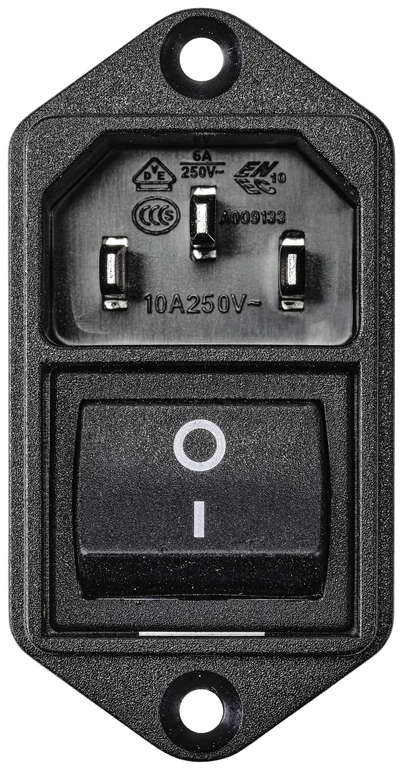 'Ein schwarzer Ein-/Ausschalter mit Beschriftung 10A 250V auf einem rechteckigen Gehäuse. Oben sind drei Metallkontakte sichtbar.'