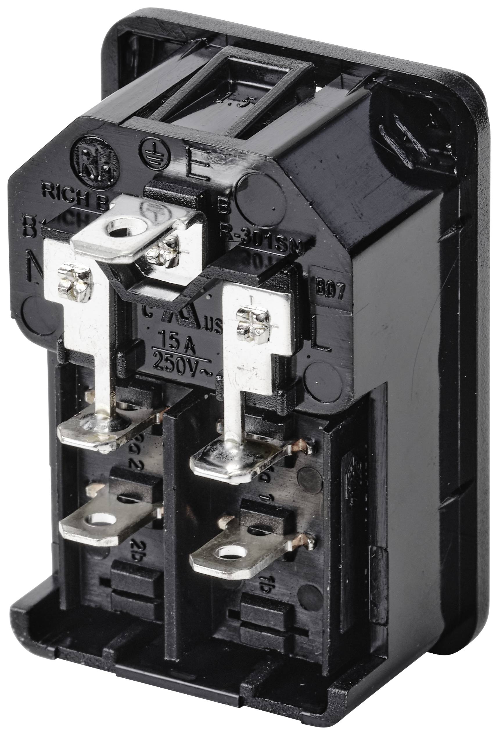 Schwarzer elektrischer Schalter, rechteckige Form, mit zwei silbernen Klemmen. Beschriftet mit '15A 250V'.