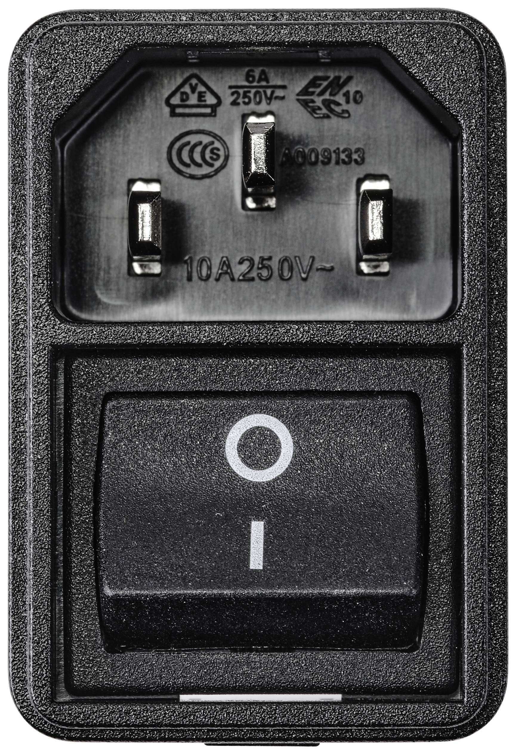 Ein schwarzer elektrischer Schalter mit einem Ein-/Aus-Symbol. Oben sind drei Metallkontakte für ein Kabel zu sehen.