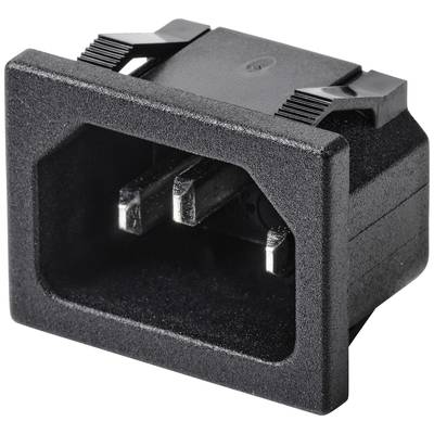Schwarzer IEC-Steckverbinder mit drei Pins, rechteckiger Form, häufig für Stromversorgung von elektronischen Geräten verwendet.