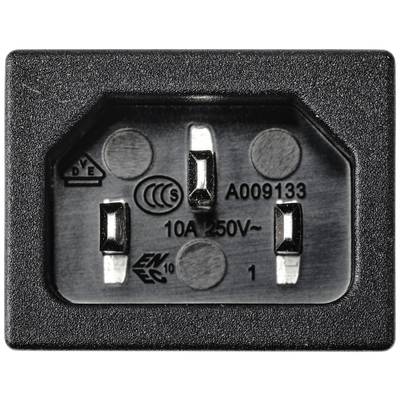 'Schwarzer IEC C14 Stecker mit drei Pins, geeignet für 10A und 250V. Prüfzeichen und Modellnummer: A009133. Geeignet für Geräteanschluss.'