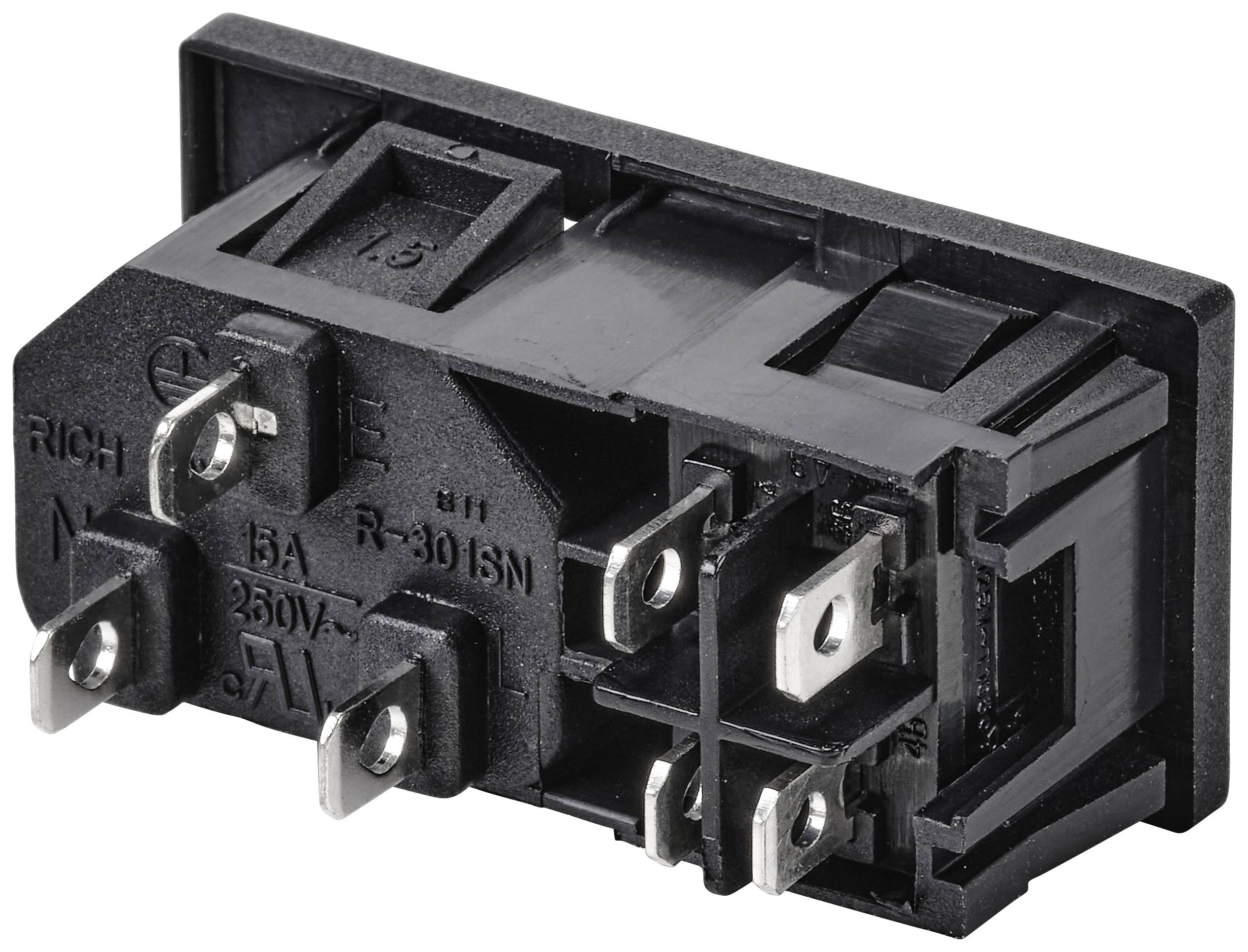 Ein schwarzer elektrotechnischer Schalter mit mehreren Anschlusskontakten, geeignet für 5A und 250VAC, auf weißem Hintergrund.
