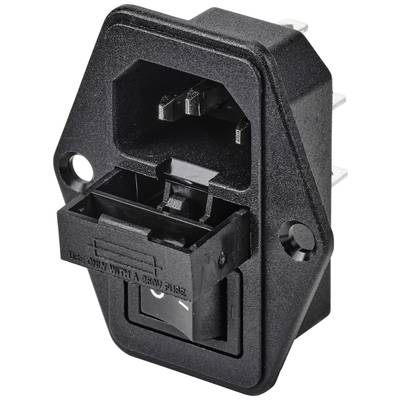 Ein schwarzer, rechteckiger Kaltgerätestecker mit integriertem Ein- und Ausschalter und Sicherungshalter, geeignet für elektronische Geräte.