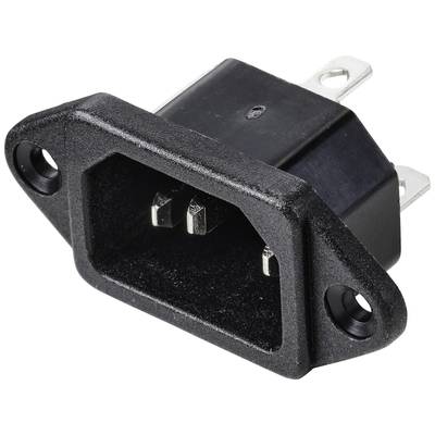 Ein schwarzer IEC-Netzstecker mit zwei Schraublöchern oben und unten, geeignet zur Stromverbindung in elektronischen Geräten.