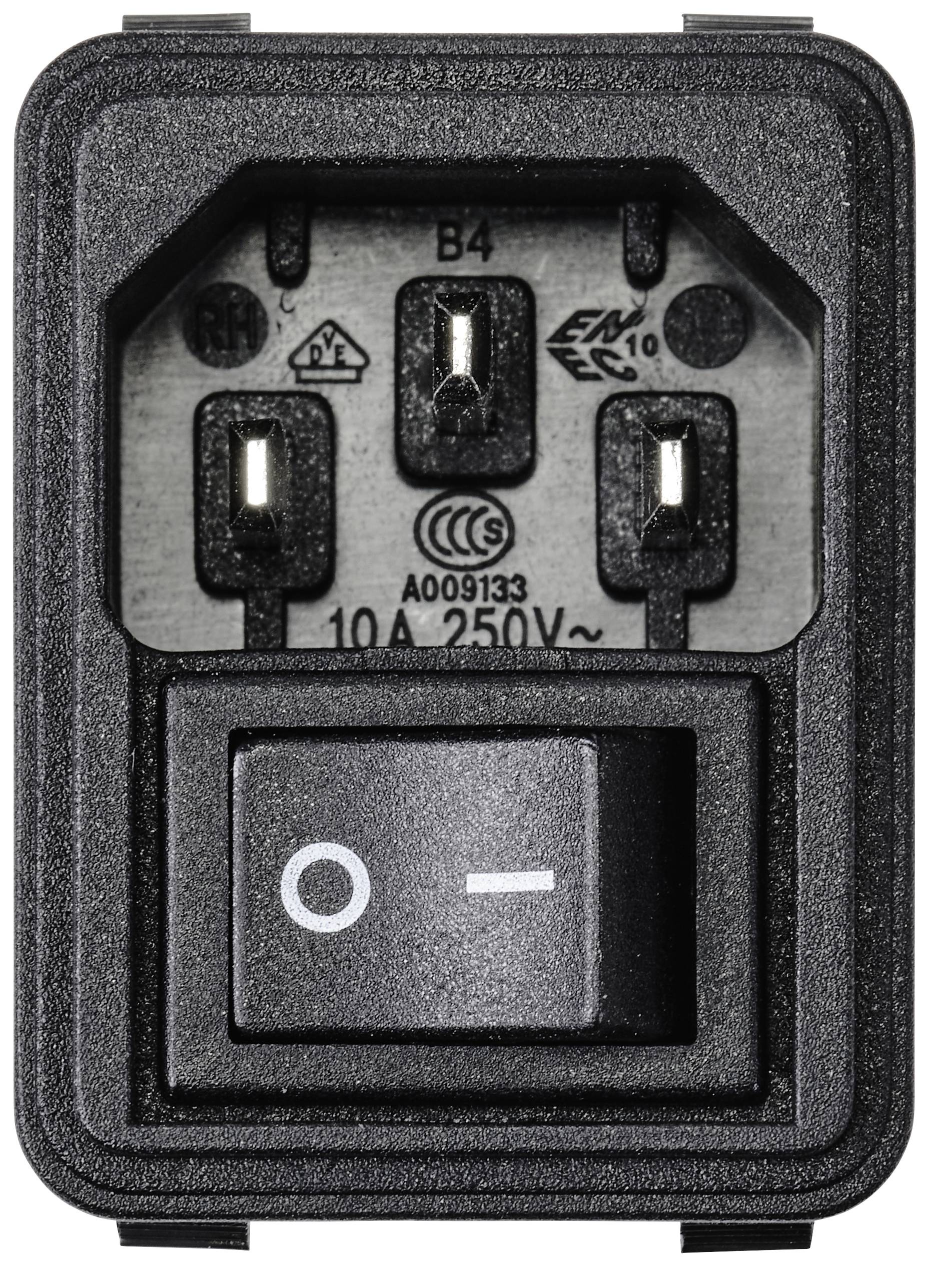 'Schalter mit Ein-Aus-Symbolen, dreipoliger Steckeranschluss oben, markiert mit 10 A, 250V.'