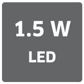 '1.5 W LED' auf einem Hintergrund in Pixelmuster.