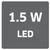 '1.5 W LED' auf einem Hintergrund in Pixelmuster.