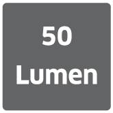 "50 Lumen" in schwarzer Schrift auf hellem quadratischem Hintergrund.
