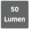 "50 Lumen" in schwarzer Schrift auf hellem quadratischem Hintergrund.