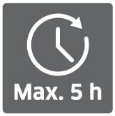 Ein Symbol mit einem Uhrpiktogramm und einem Pfeil, das maximal 5 Stunden anzeigt.