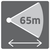 Schild zeigt einen Signalbereich mit 65 m Reichweite und einem Doppelpfeil darunter, der Entfernungsanzeige symbolisiert.