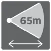 Schild zeigt einen Signalbereich mit 65 m Reichweite und einem Doppelpfeil darunter, der Entfernungsanzeige symbolisiert.
