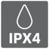 'IPX4'-Symbol auf einem grauen, texturierten Hintergrund, zeigt an, dass das Gerät spritzwassergeschützt ist.